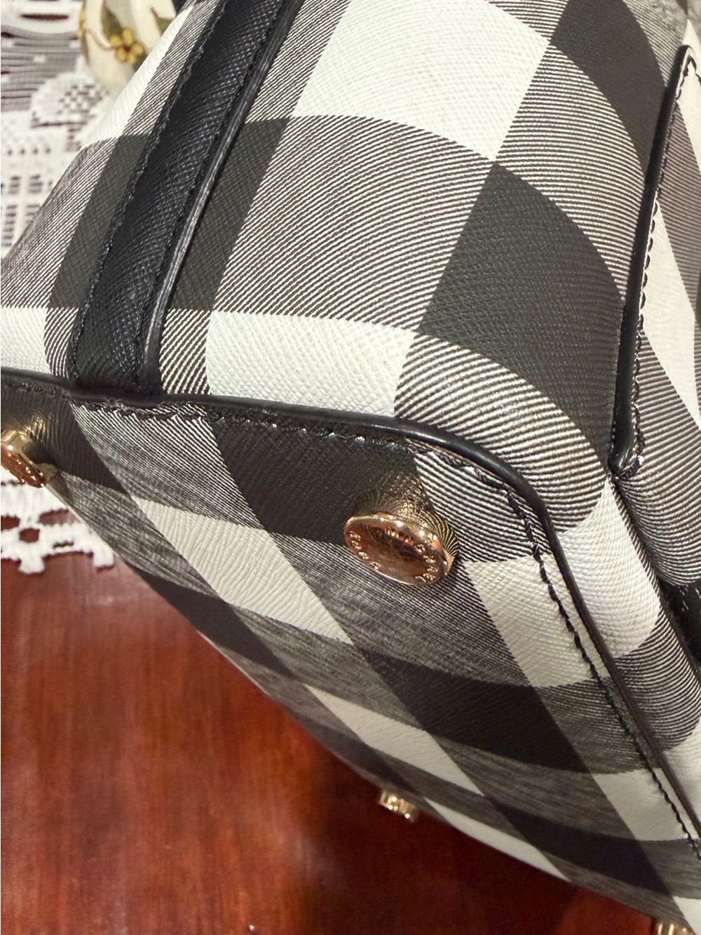 Michael Kors Black & White Gingham Drawstring Bucket Bag - Picture 14 of 16